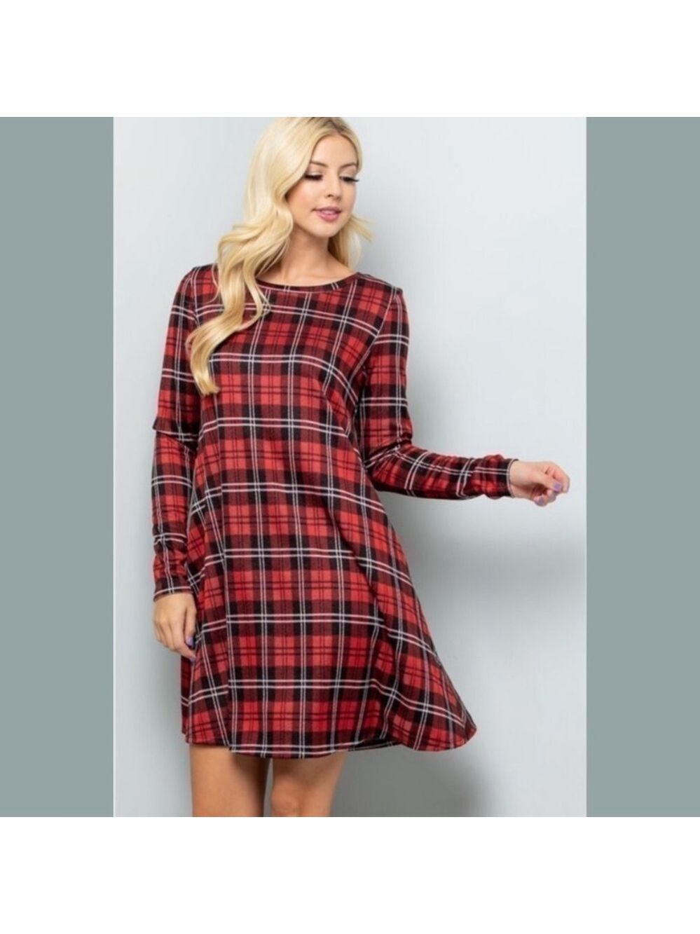 SUNDAY MORNING Red Plaid Long Sleeve Tunic Swing Dress Casual Holiday Fall